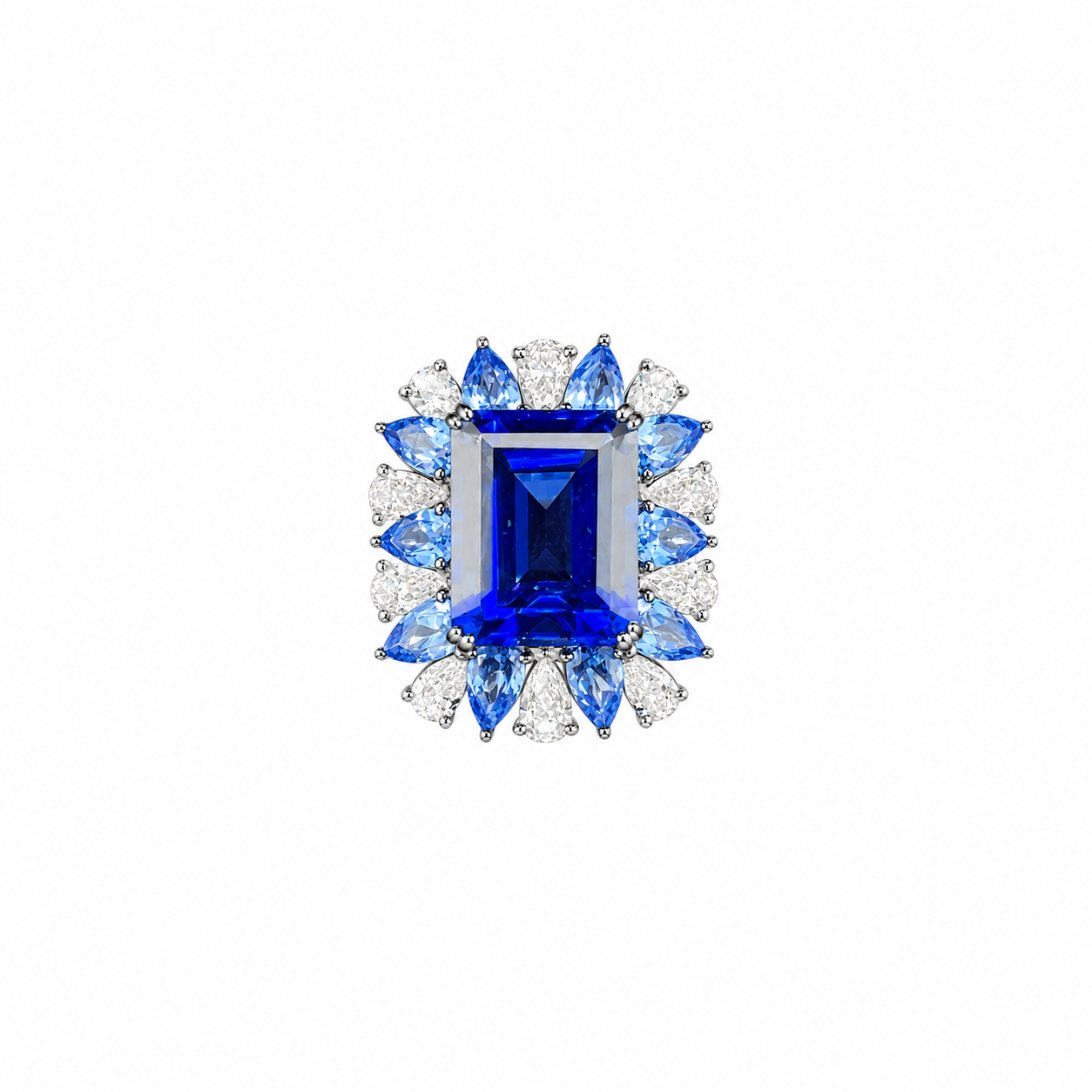 Blue Sapphire Ring with Pear Cut Diamond Halo in 14K White Gold