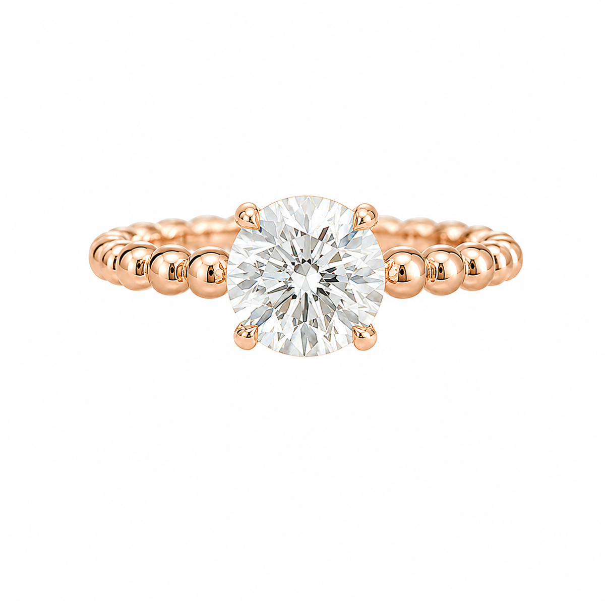 Lab Grown Round Diamond Solitaire Engagement Ring with Beaded Band