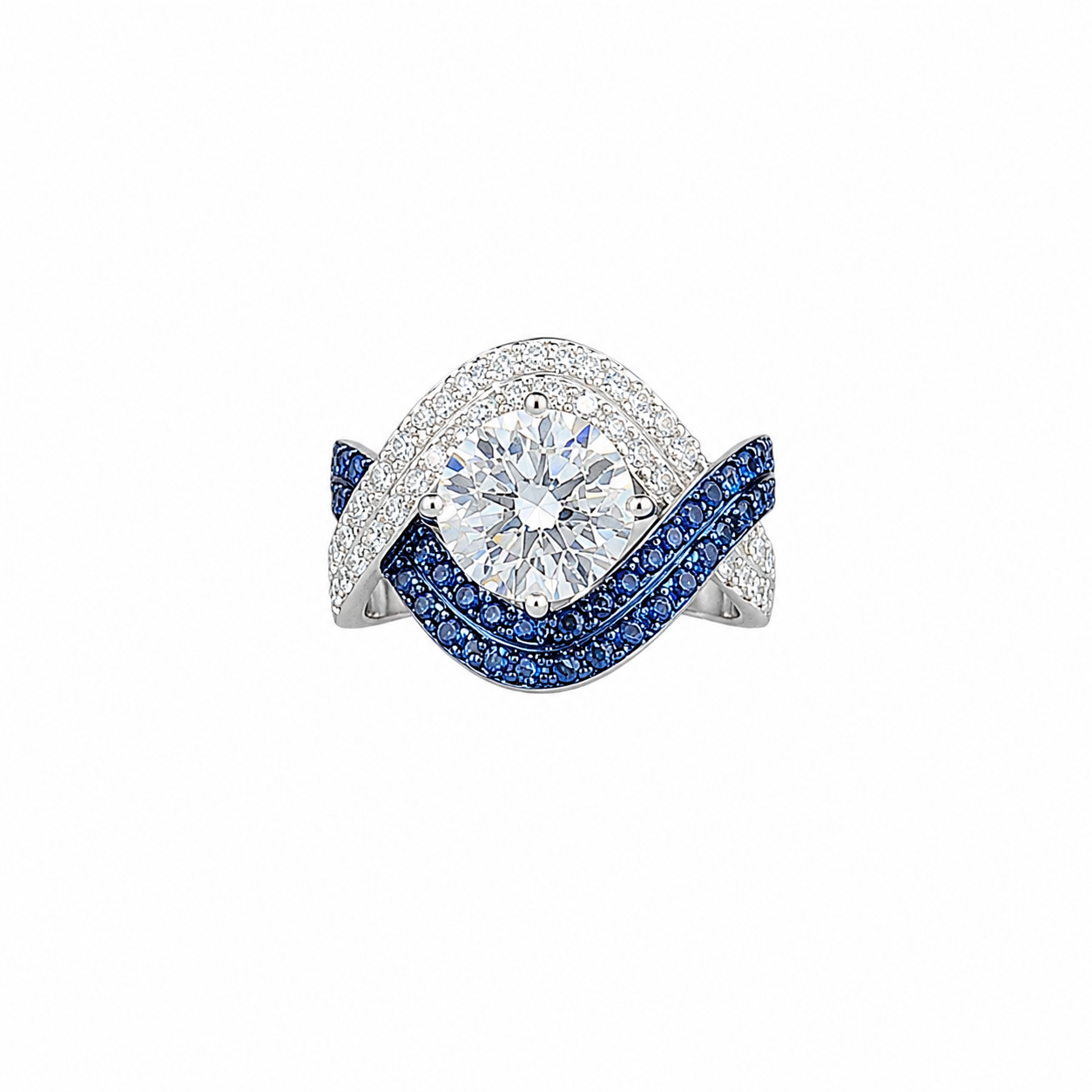 Cushion Cut Solitaire Diamond Ring with Sapphire & Diamond Split Shank