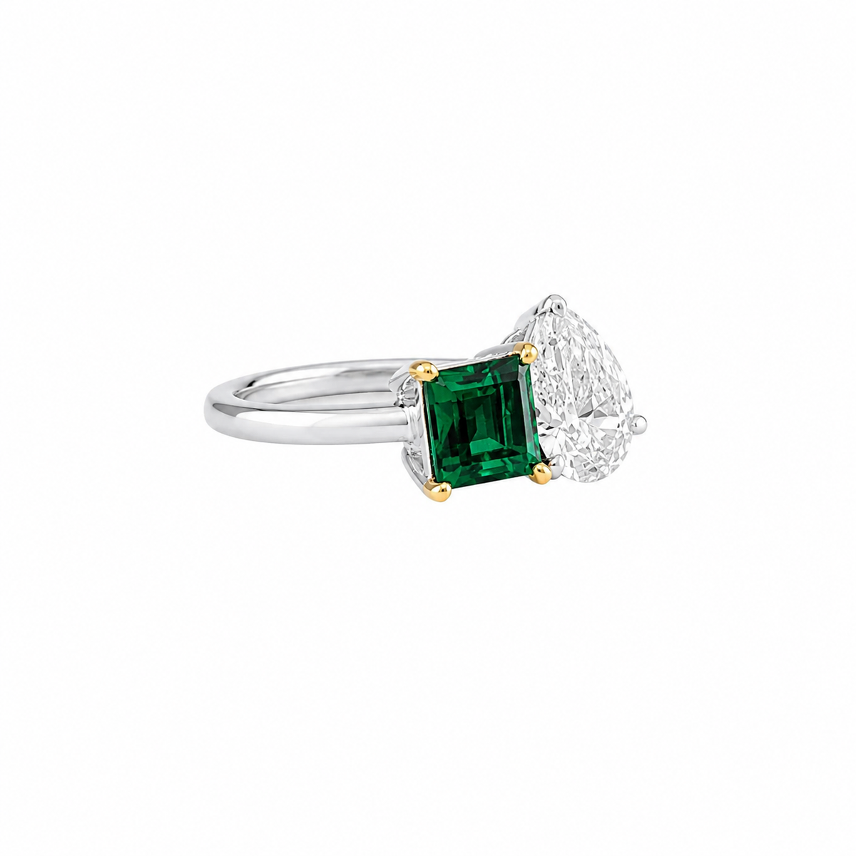 14K White Gold Emerald & Pear Diamond Statement Ring
