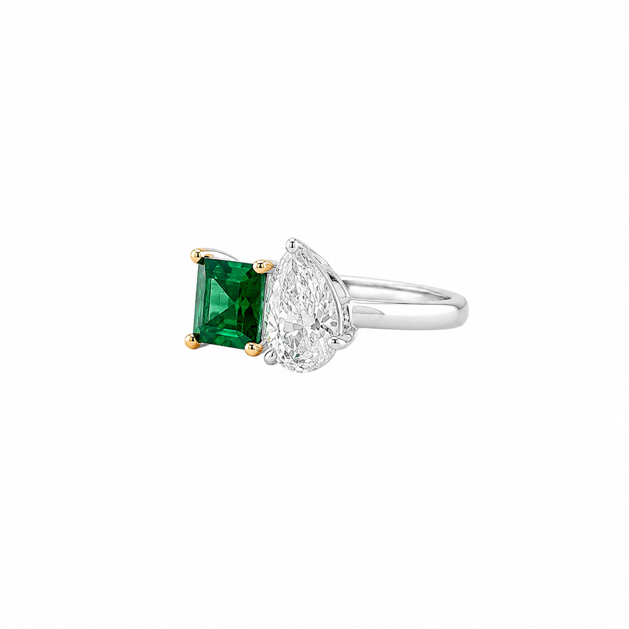 14K White Gold Emerald & Pear Diamond Statement Ring