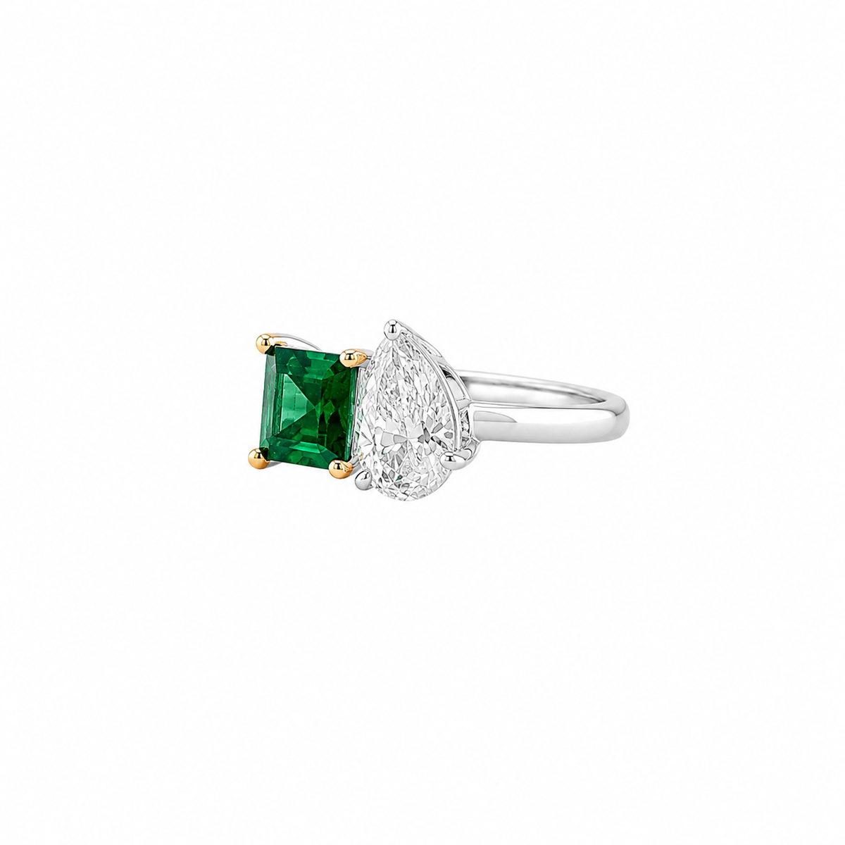 14K White Gold Emerald & Pear Diamond Statement Ring