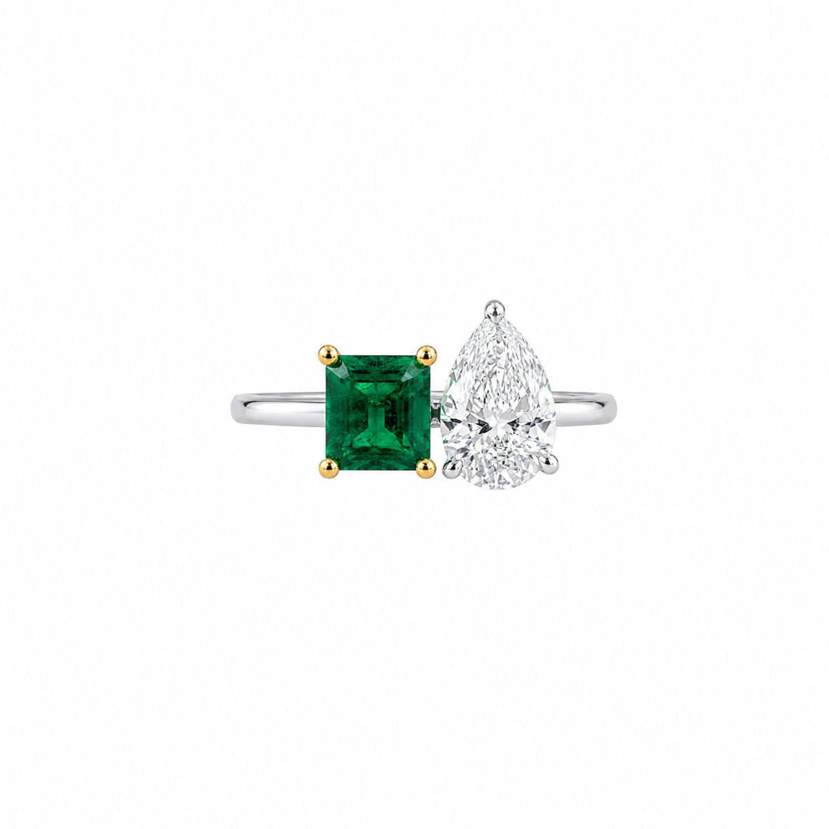 14K White Gold Emerald & Pear Diamond Statement Ring