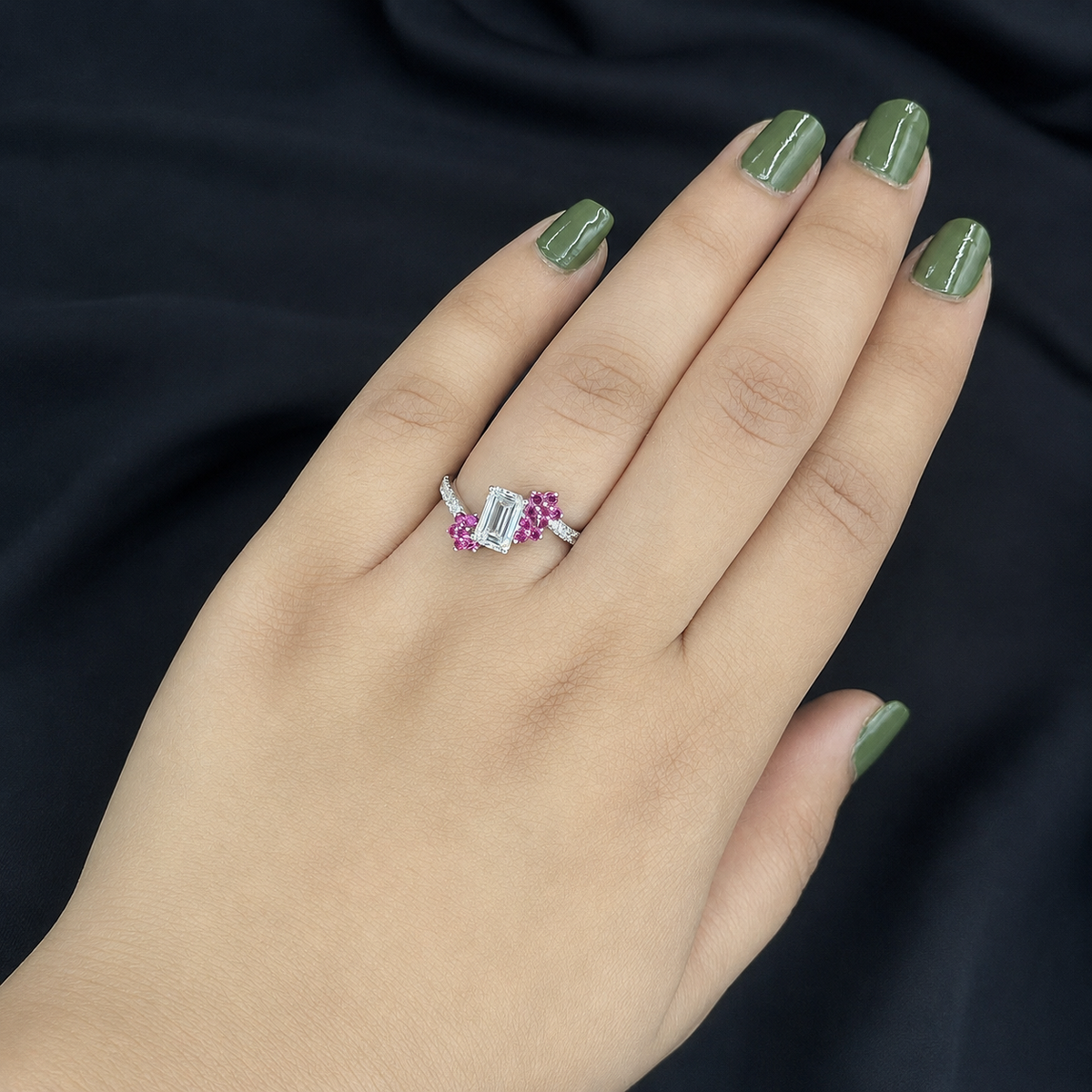 Emerald Cut Diamond & Pink Sapphire Engagement Ring in 14K Gold