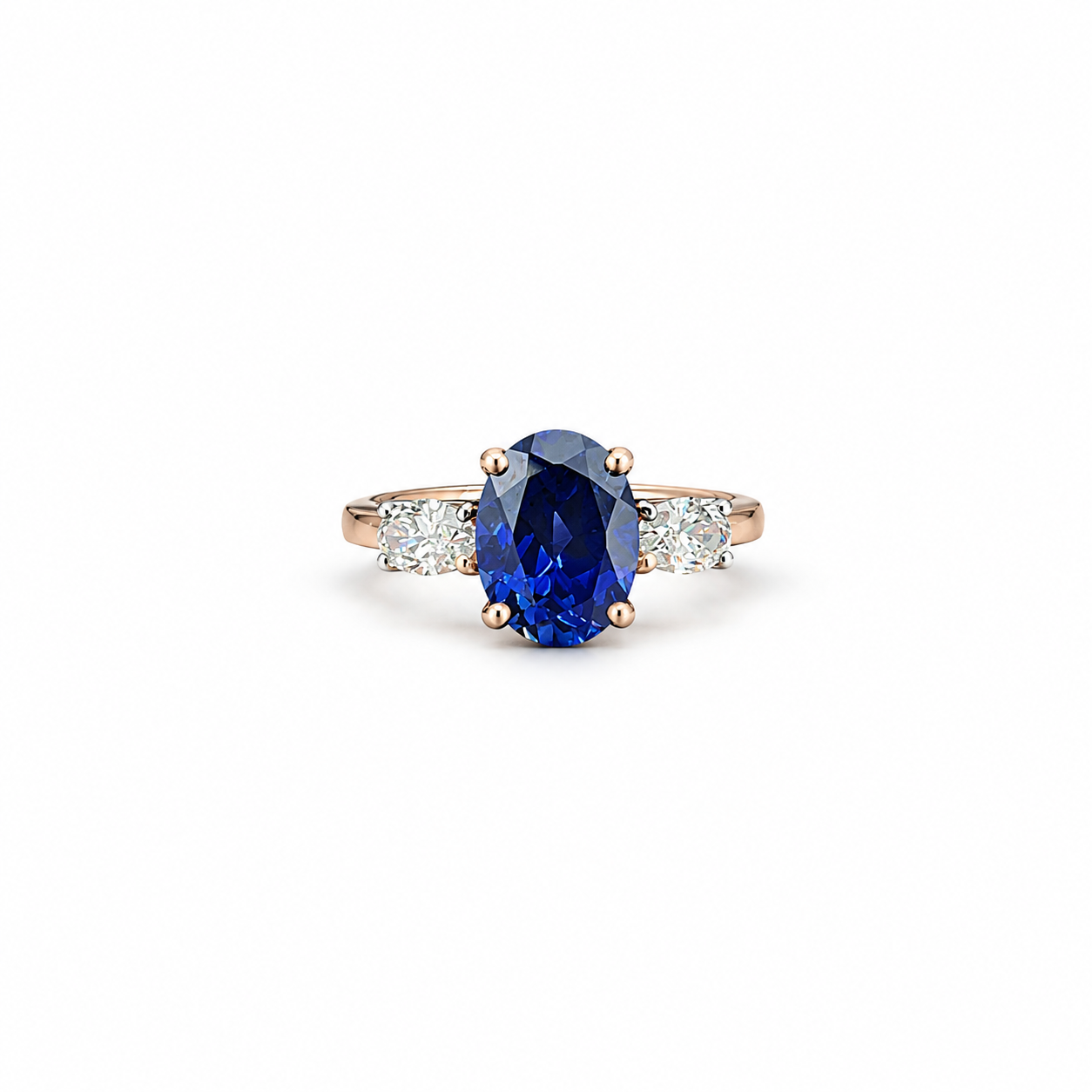 Oval Cut Blue Sapphire Ring with Trillion Cut Diamond Accents