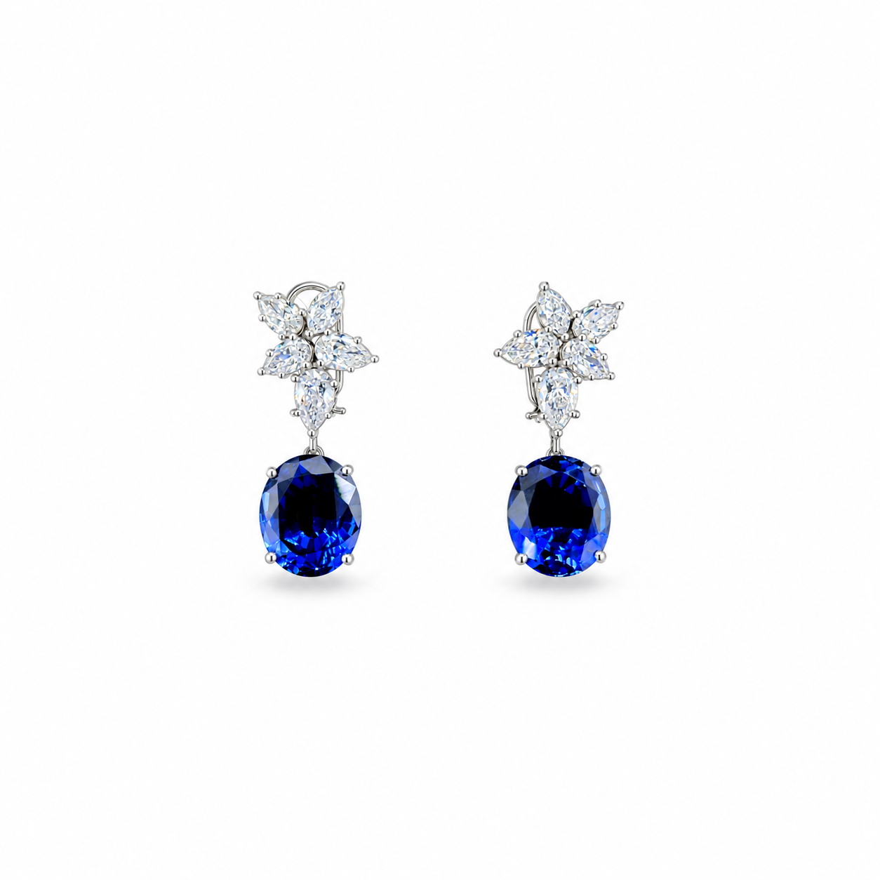 Oval Blue Sapphire & Diamond Drop Earrings