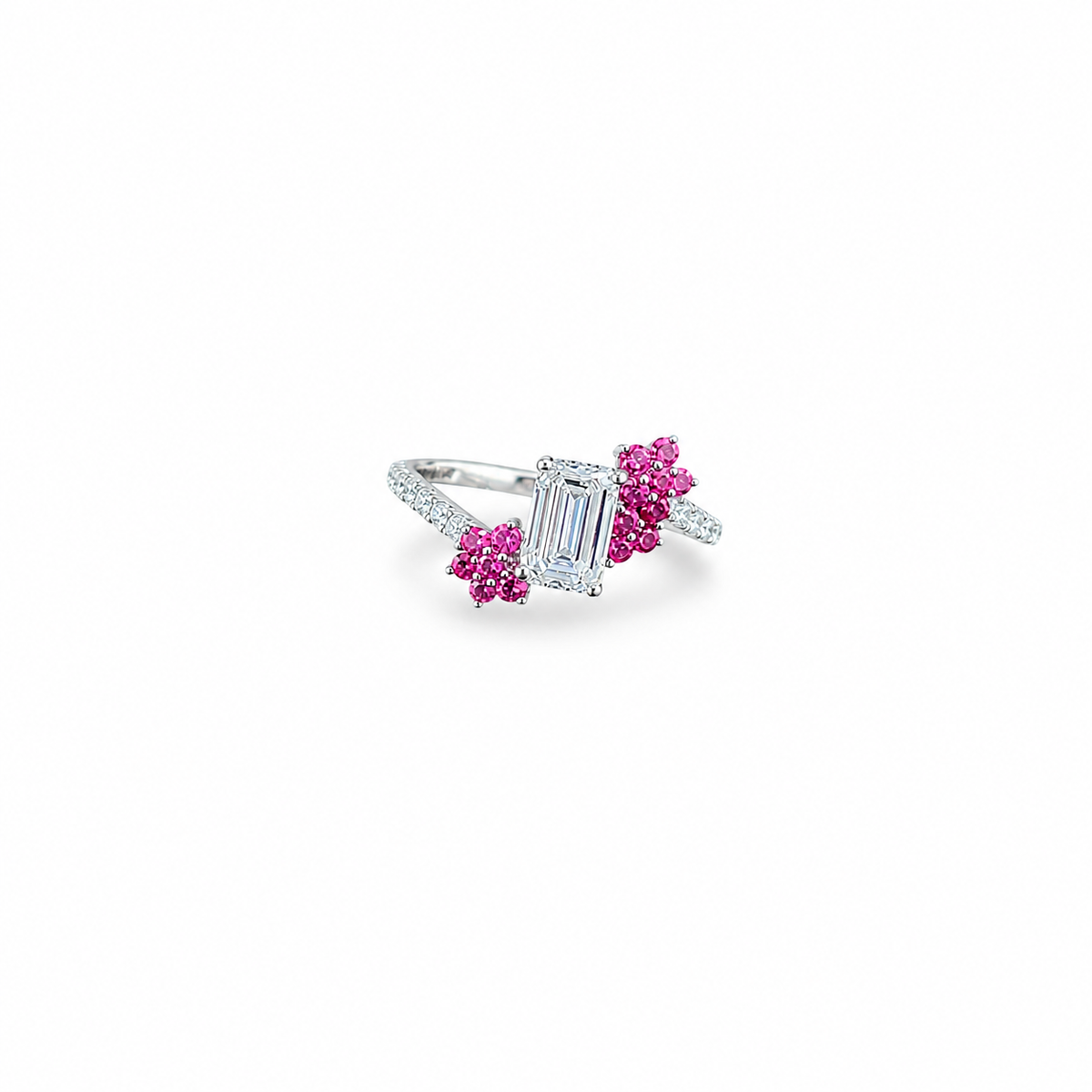 Emerald Cut Diamond & Pink Sapphire Engagement Ring in 14K Gold