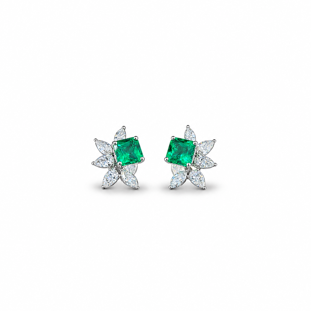 Emerald & Diamond Flower Stud Earrings