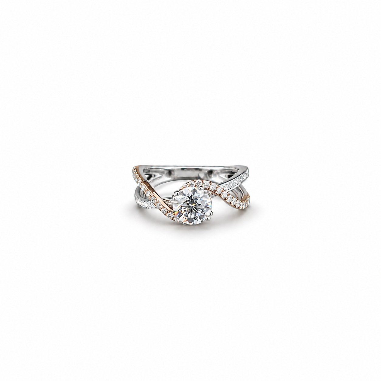 Round Brilliant Lab Grown Diamond Crossover Engagement Ring with Split Shank