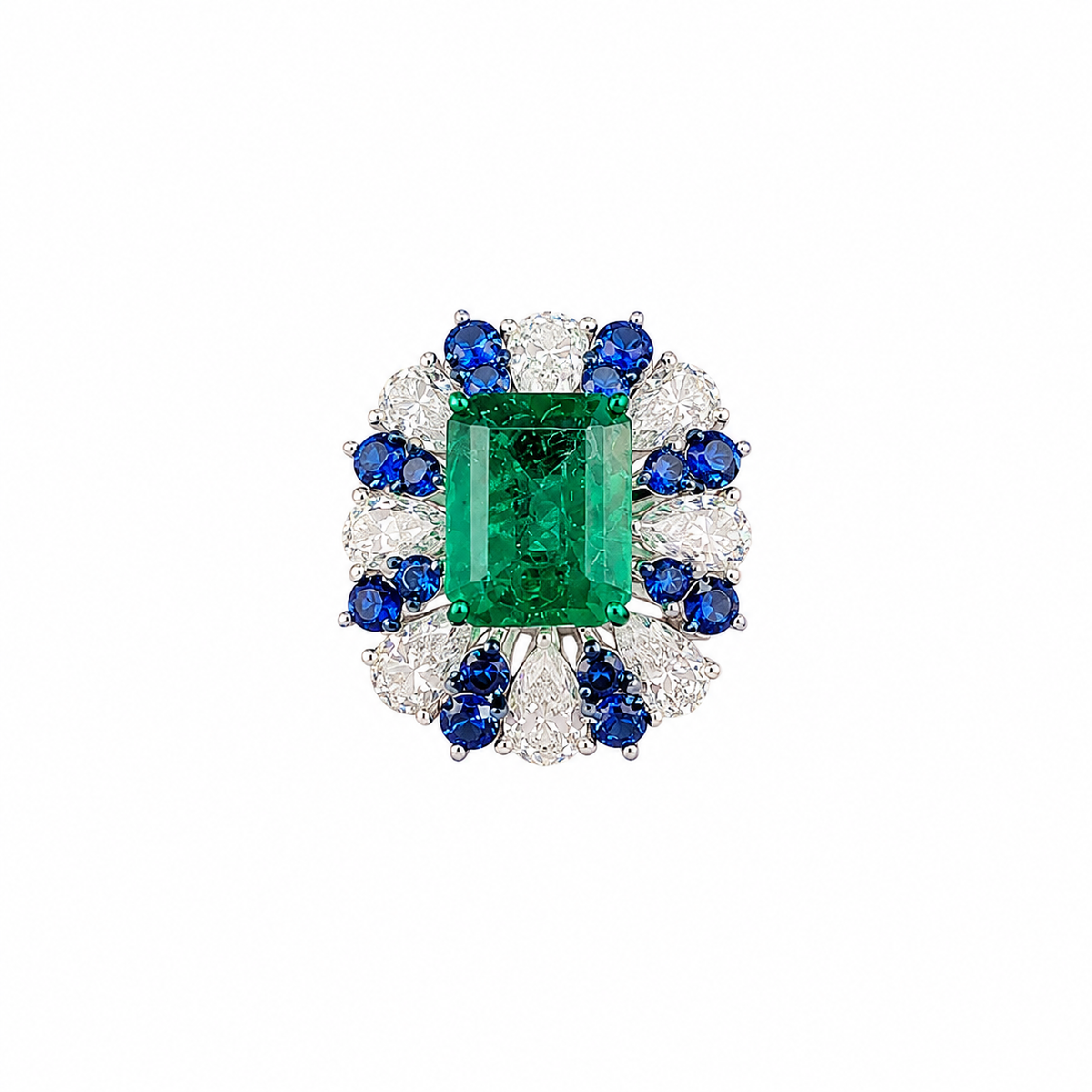 Emerald Cut Emerald & Diamond Halo Ring with Blue Sapphire Accents