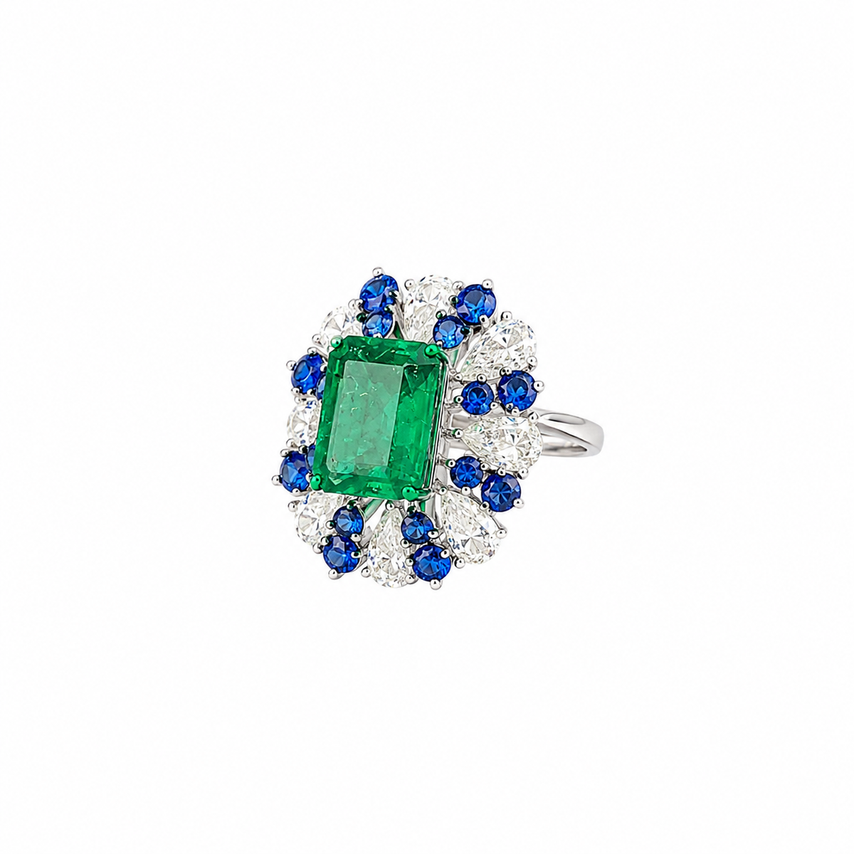 Emerald Cut Emerald & Diamond Halo Ring with Blue Sapphire Accents