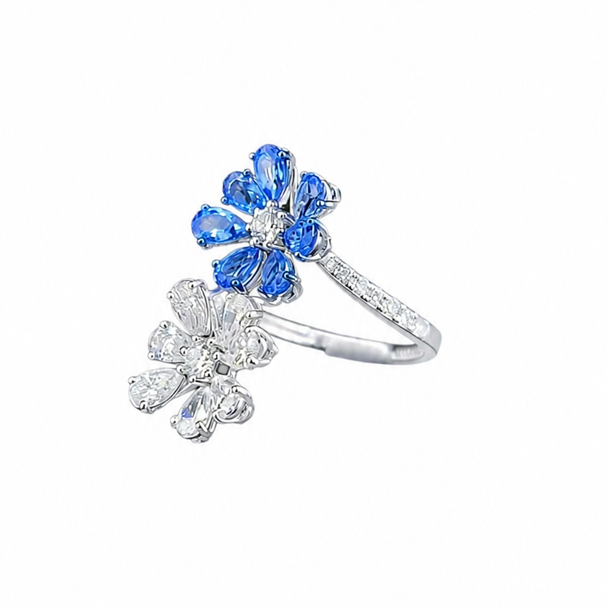 Blue Sapphire & Pear Cut Diamond Flower Statement Ring