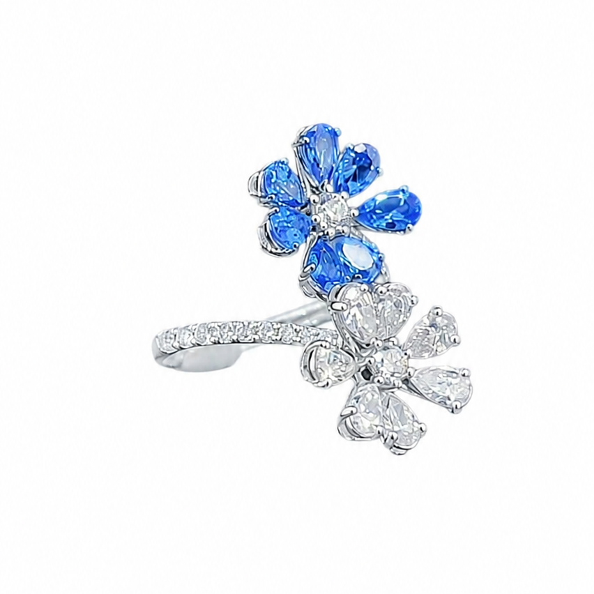 Blue Sapphire & Pear Cut Diamond Flower Statement Ring