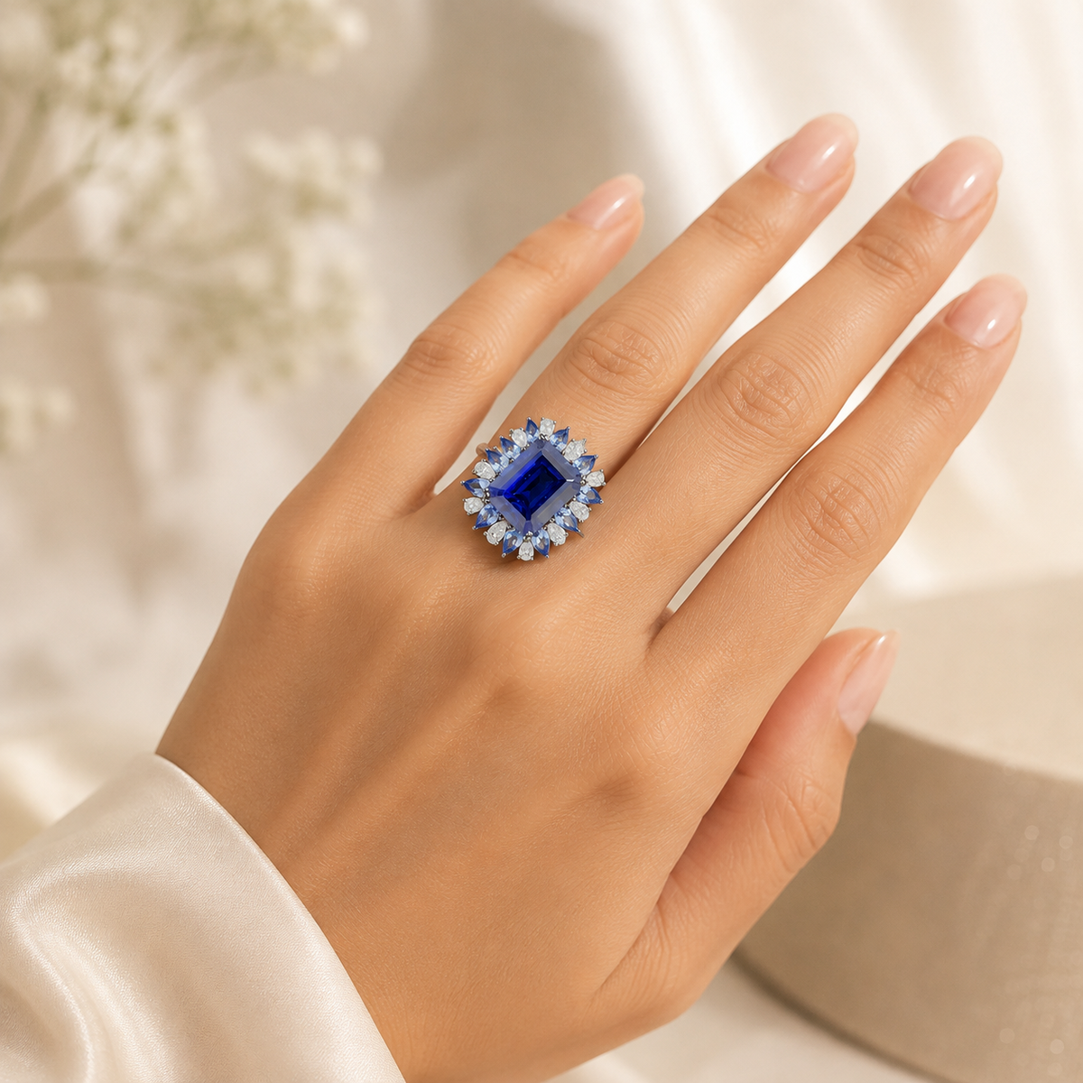 Blue Sapphire Ring with Pear Cut Diamond Halo in 14K White Gold