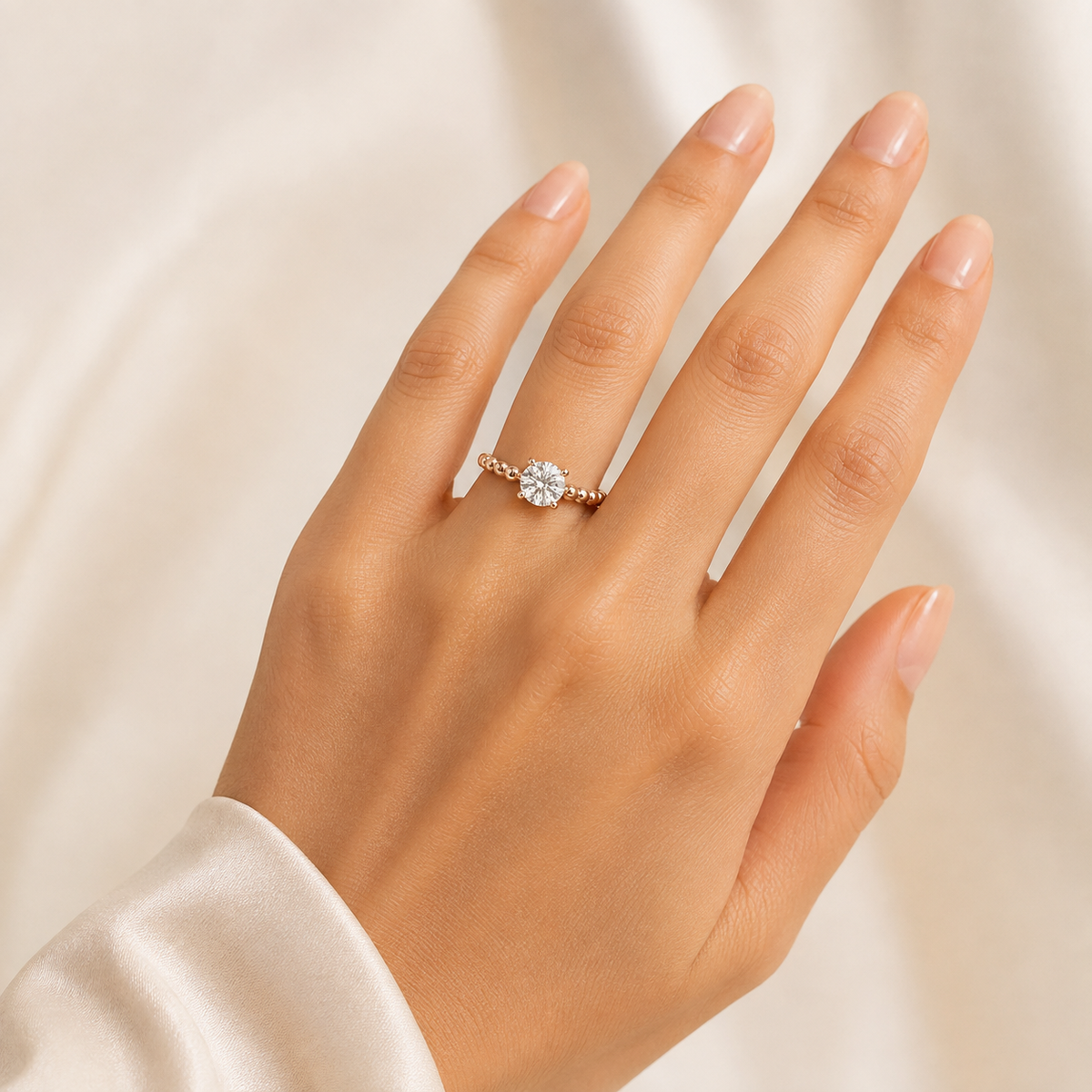 Lab Grown Round Diamond Solitaire Engagement Ring with Beaded Band