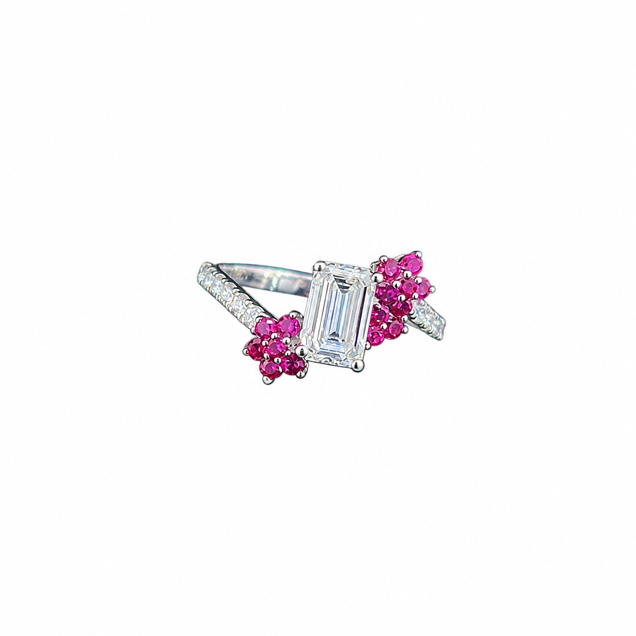 Emerald Cut Diamond & Pink Sapphire Engagement Ring in 14K Gold