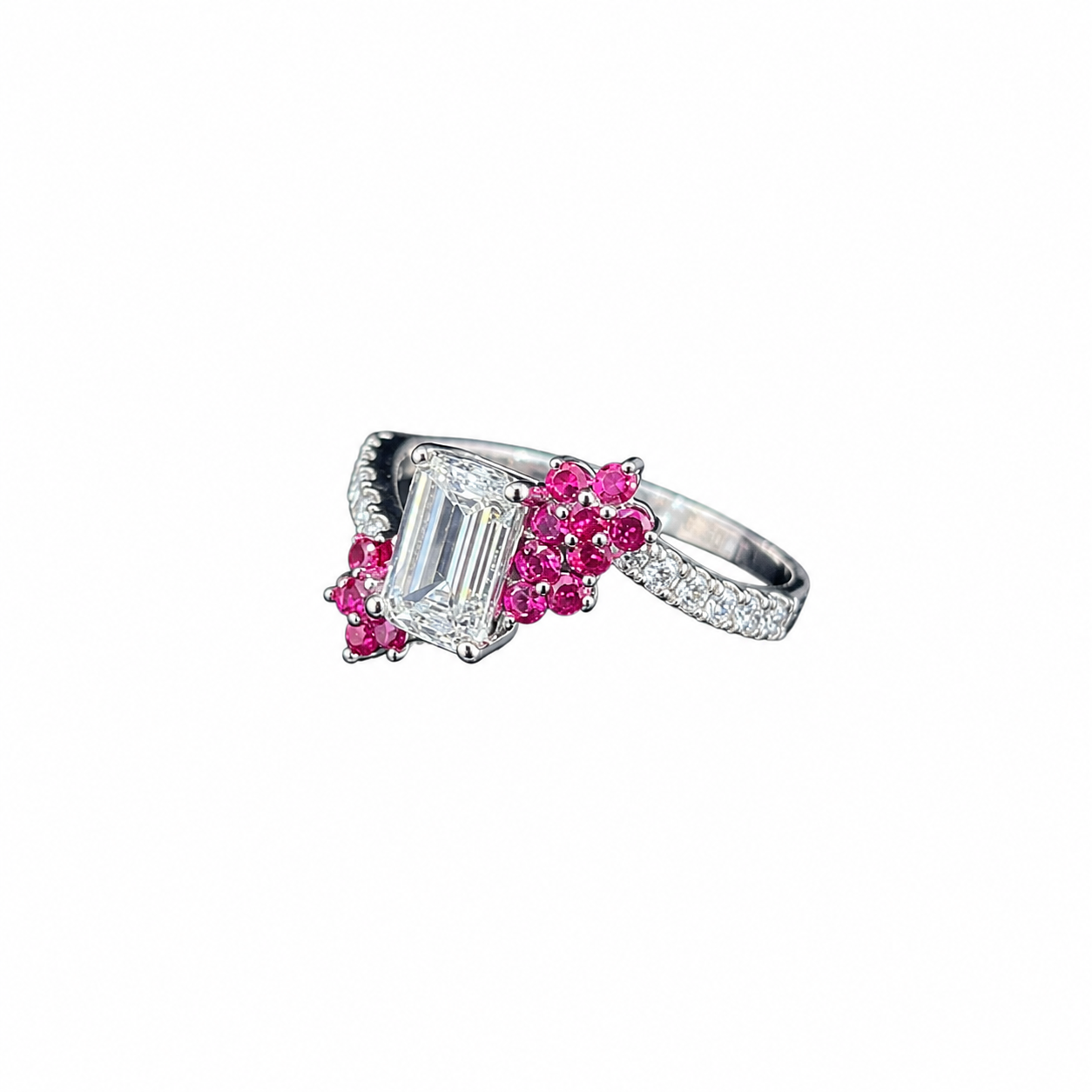 Emerald Cut Diamond & Pink Sapphire Engagement Ring in 14K Gold