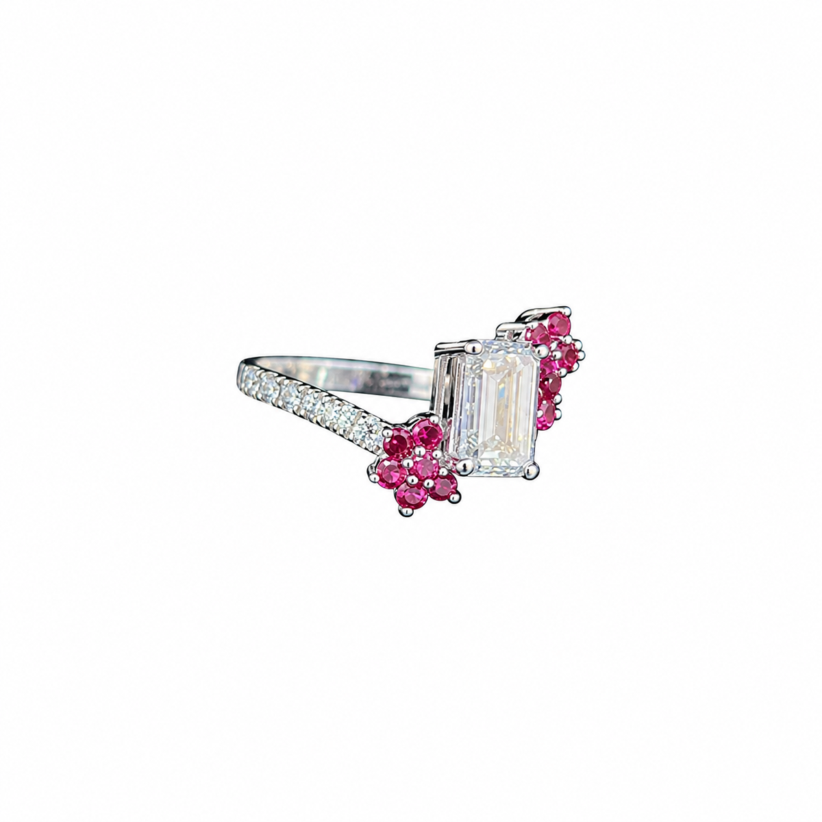 Emerald Cut Diamond & Pink Sapphire Engagement Ring in 14K Gold