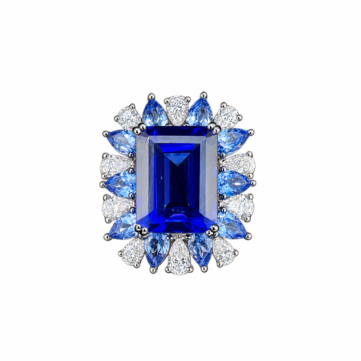 Blue Sapphire Ring with Pear Cut Diamond Halo in 14K White Gold