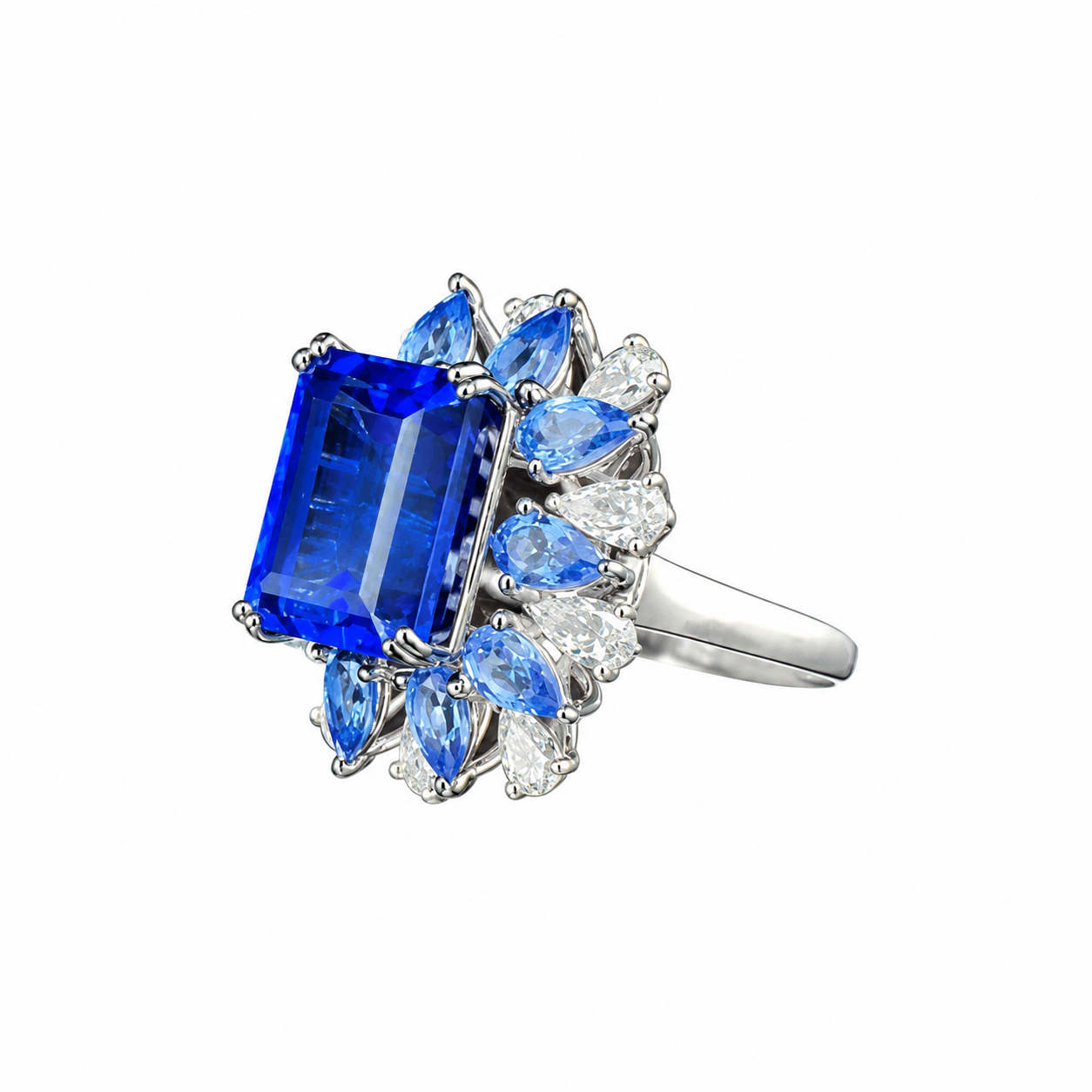 Blue Sapphire Ring with Pear Cut Diamond Halo in 14K White Gold