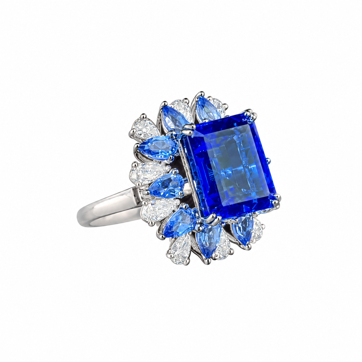 Blue Sapphire Ring with Pear Cut Diamond Halo in 14K White Gold