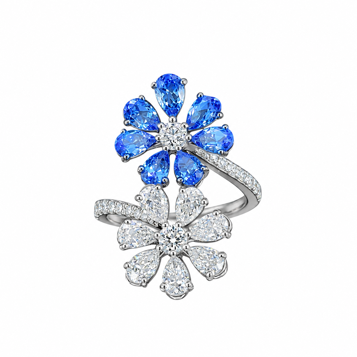 Blue Sapphire & Pear Cut Diamond Flower Statement Ring