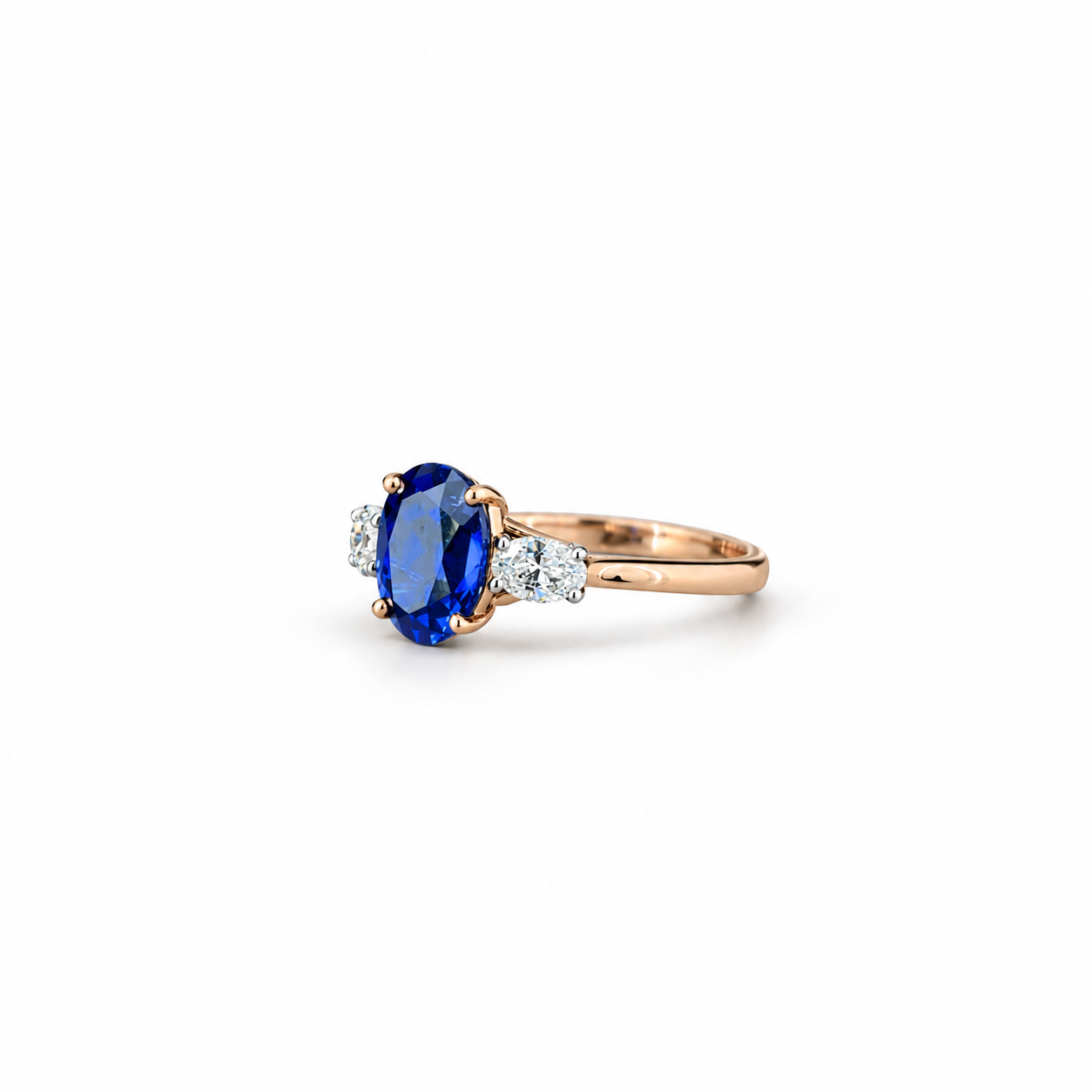 Oval Cut Blue Sapphire Ring with Trillion Cut Diamond Accents