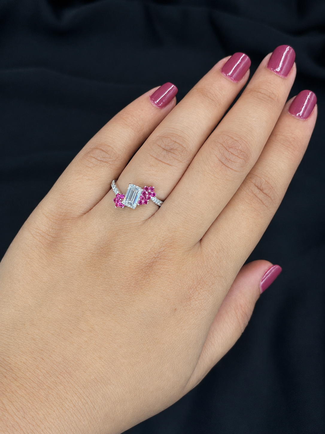 Emerald Cut Diamond & Pink Sapphire Engagement Ring in 14K Gold