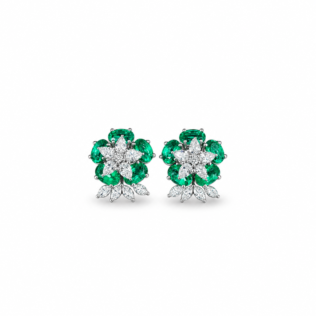 Oval Emerald & Diamond Cluster Earrings