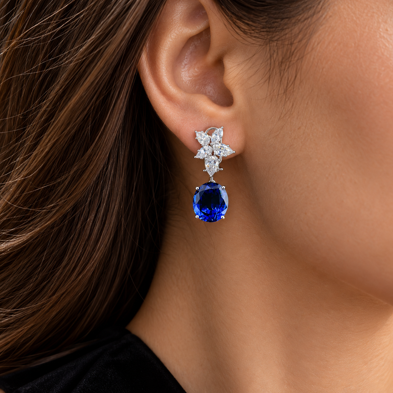 Oval Blue Sapphire & Diamond Drop Earrings