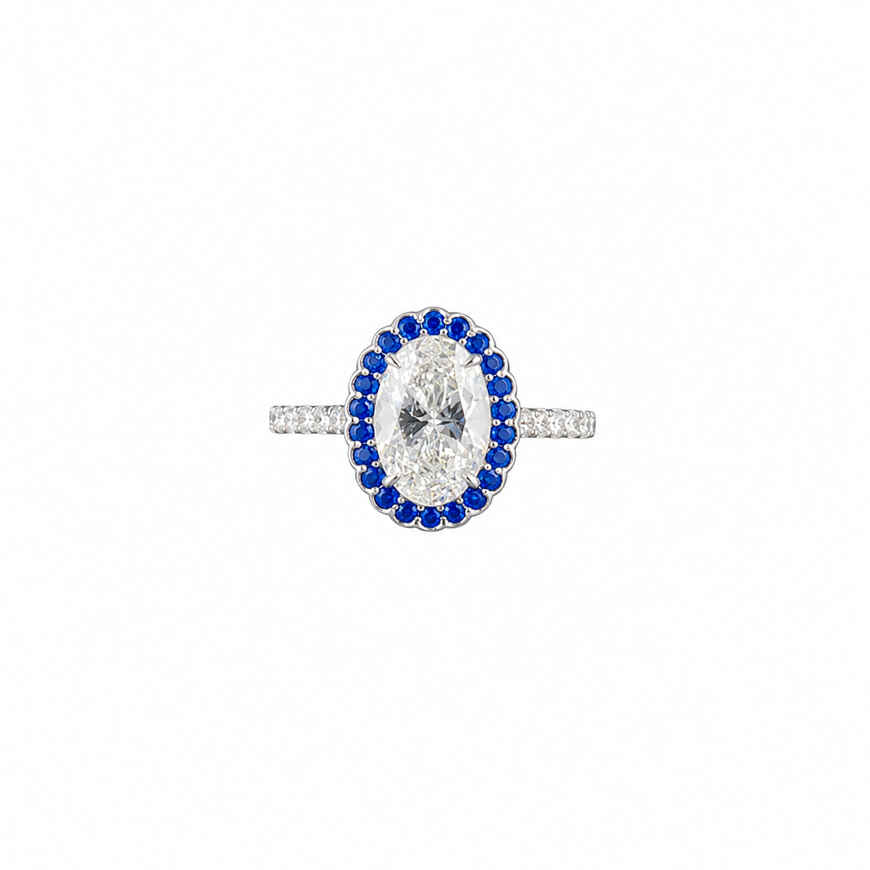 Oval Lab Grown Diamond Blue Sapphire Halo Engagement Ring
