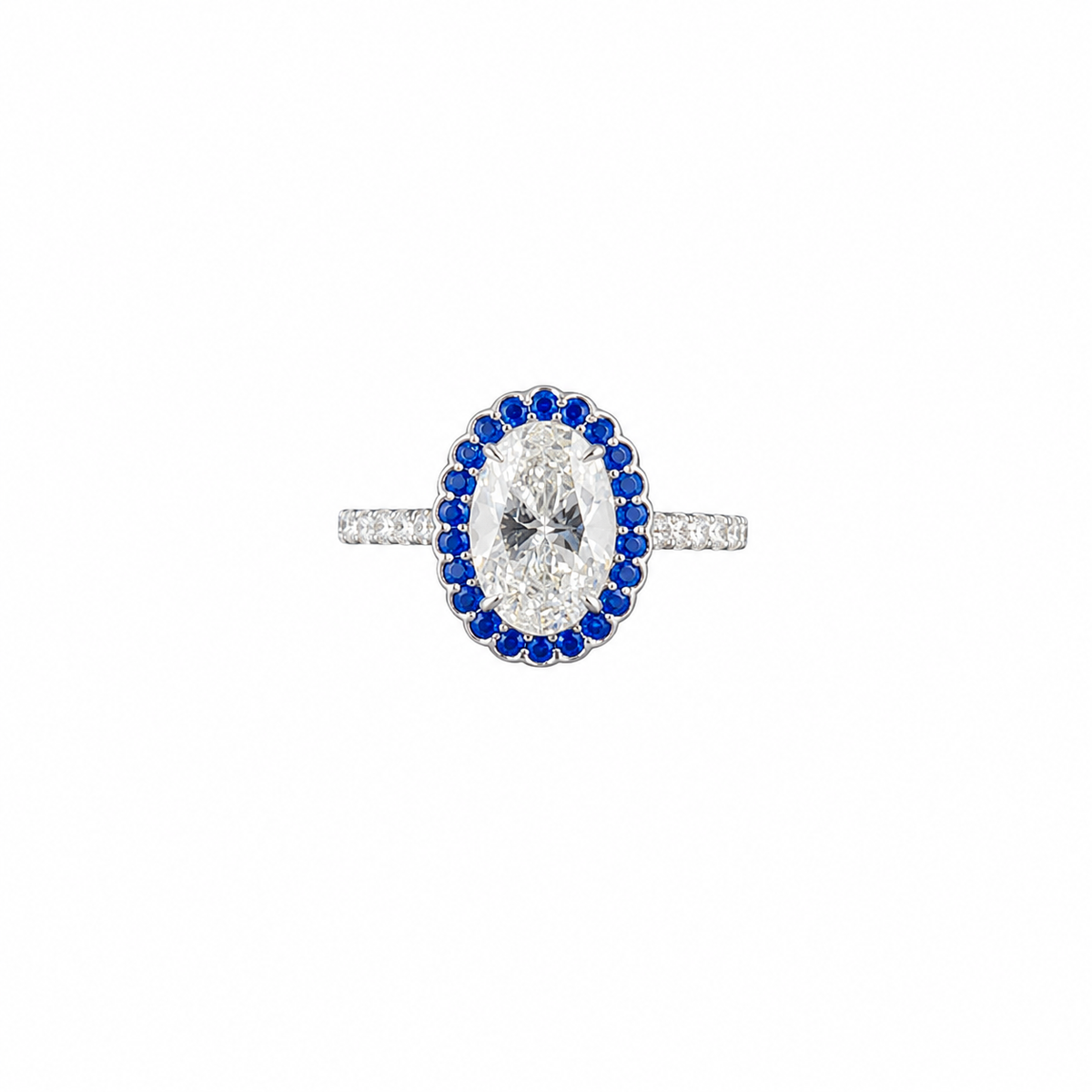 Oval Lab Grown Diamond Blue Sapphire Halo Engagement Ring
