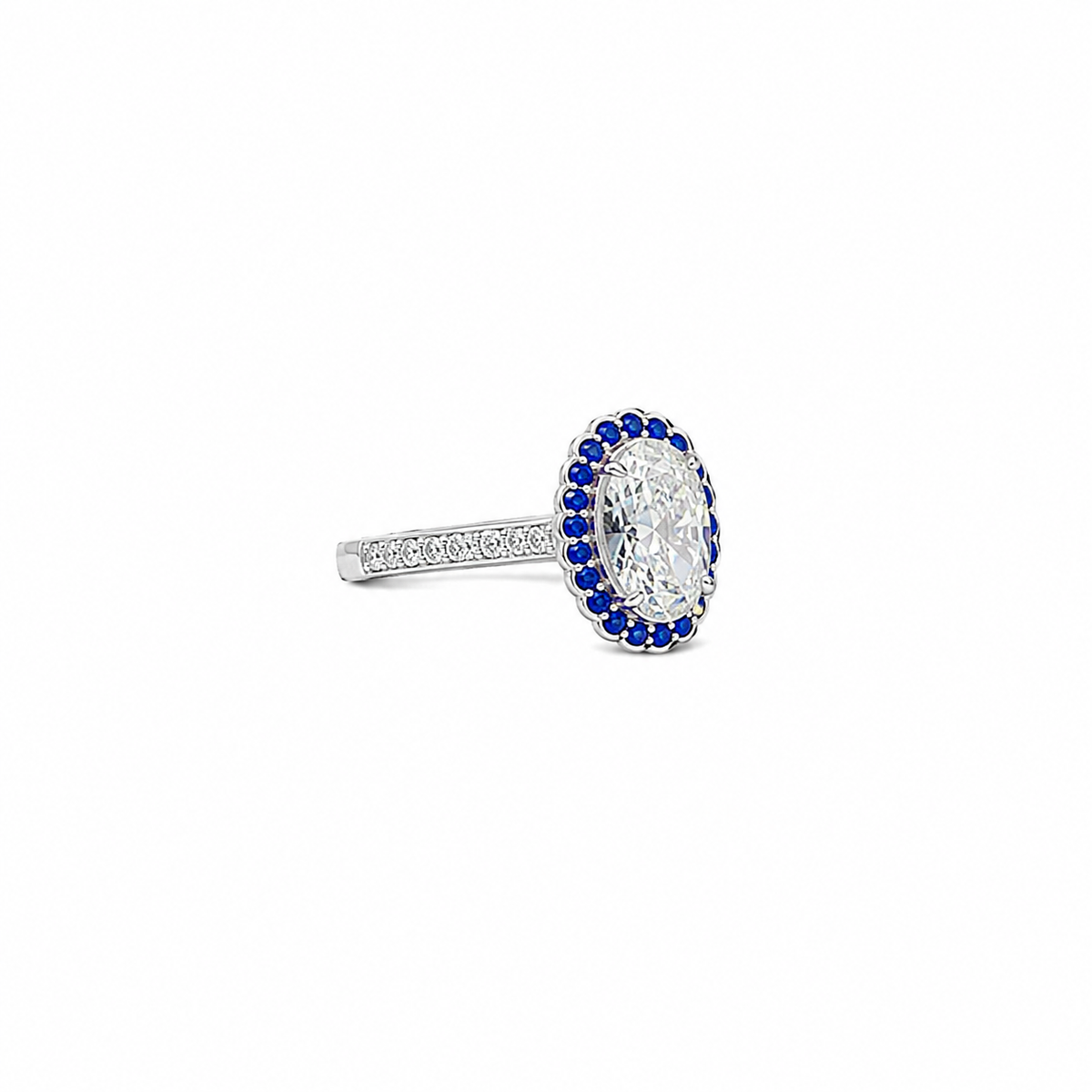 Oval Lab Grown Diamond Blue Sapphire Halo Engagement Ring
