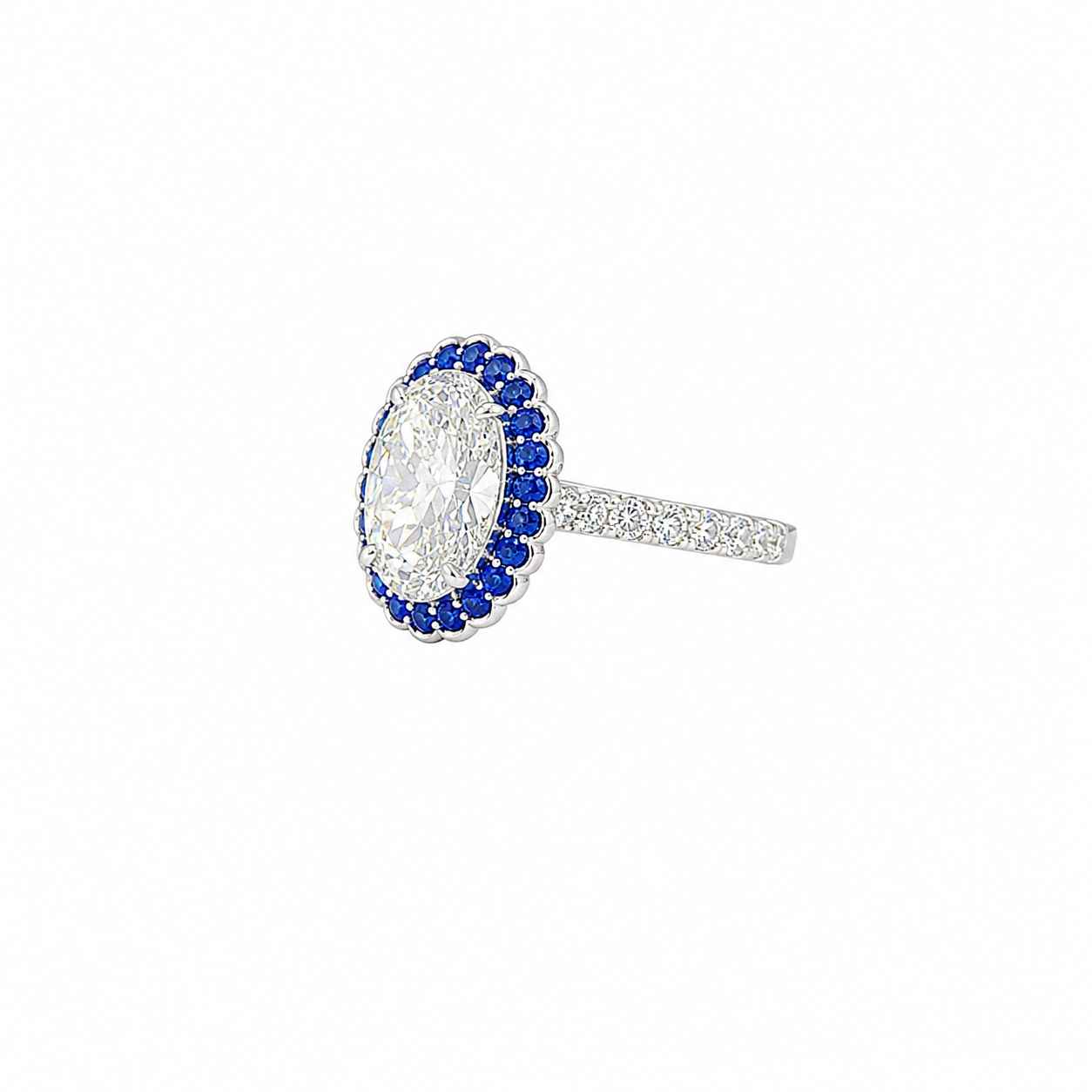 Oval Lab Grown Diamond Blue Sapphire Halo Engagement Ring