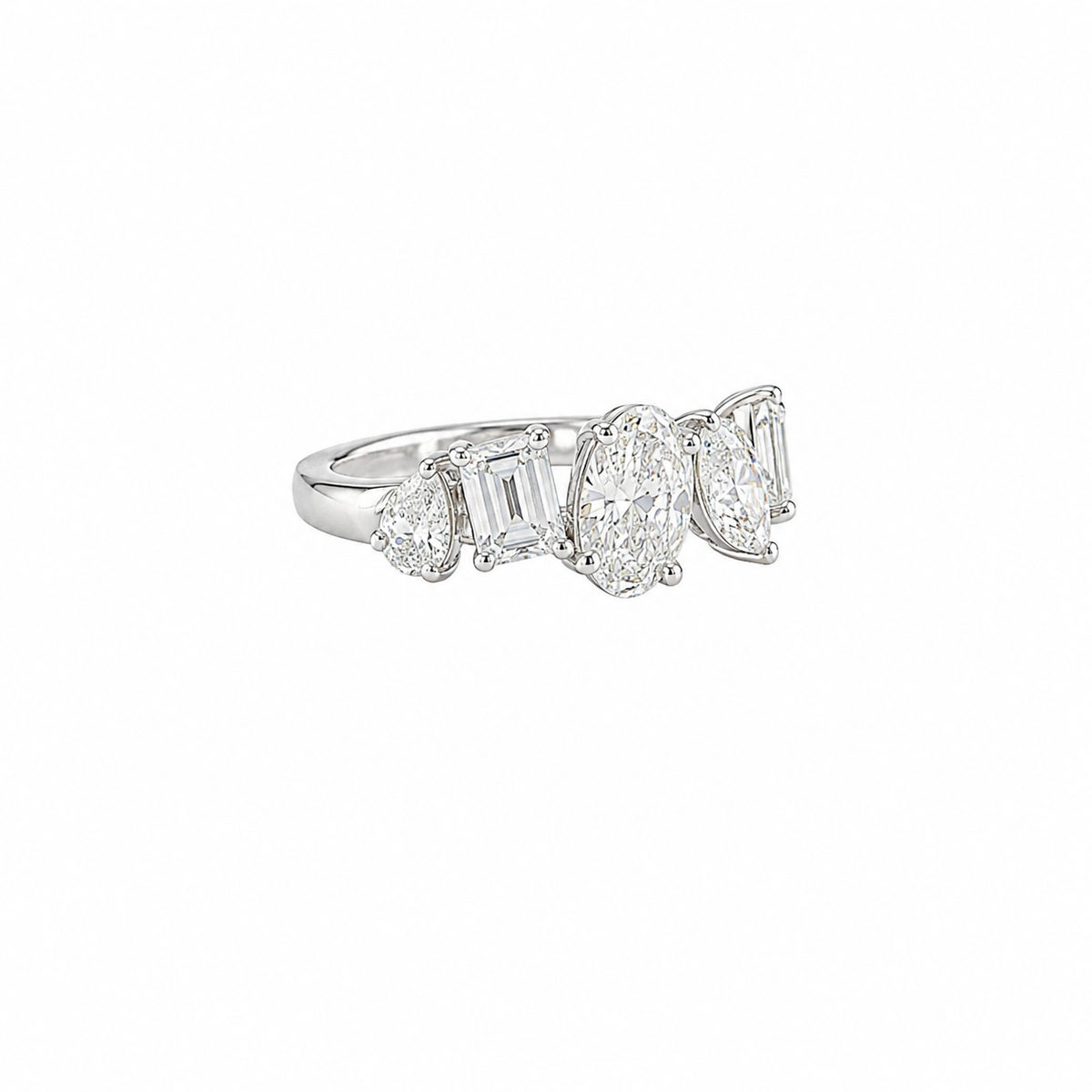 Round Brilliant Diamond Ring with Pear & Emerald Cut Side Stones
