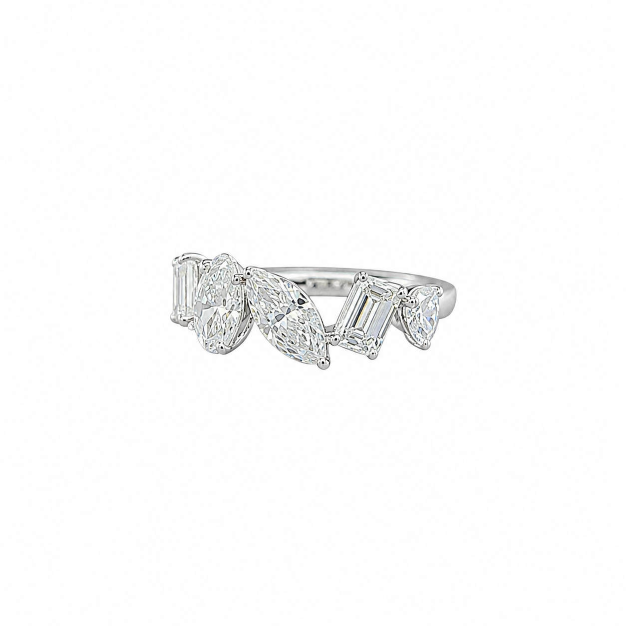 Round Brilliant Diamond Ring with Pear & Emerald Cut Side Stones