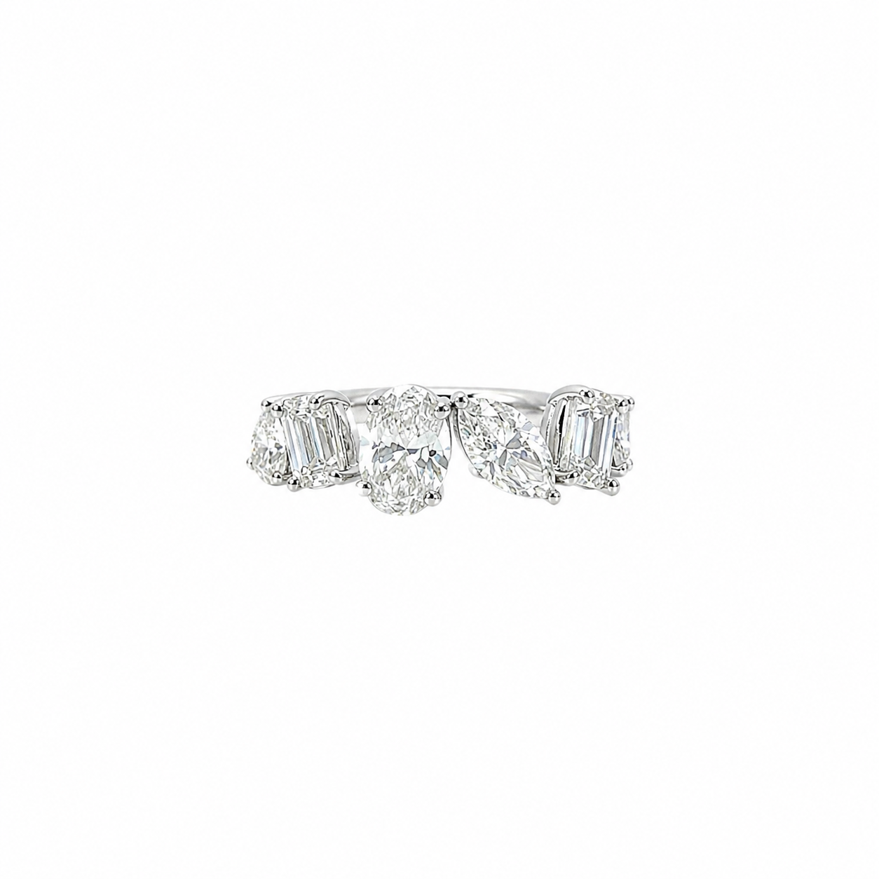 Round Brilliant Diamond Ring with Pear & Emerald Cut Side Stones