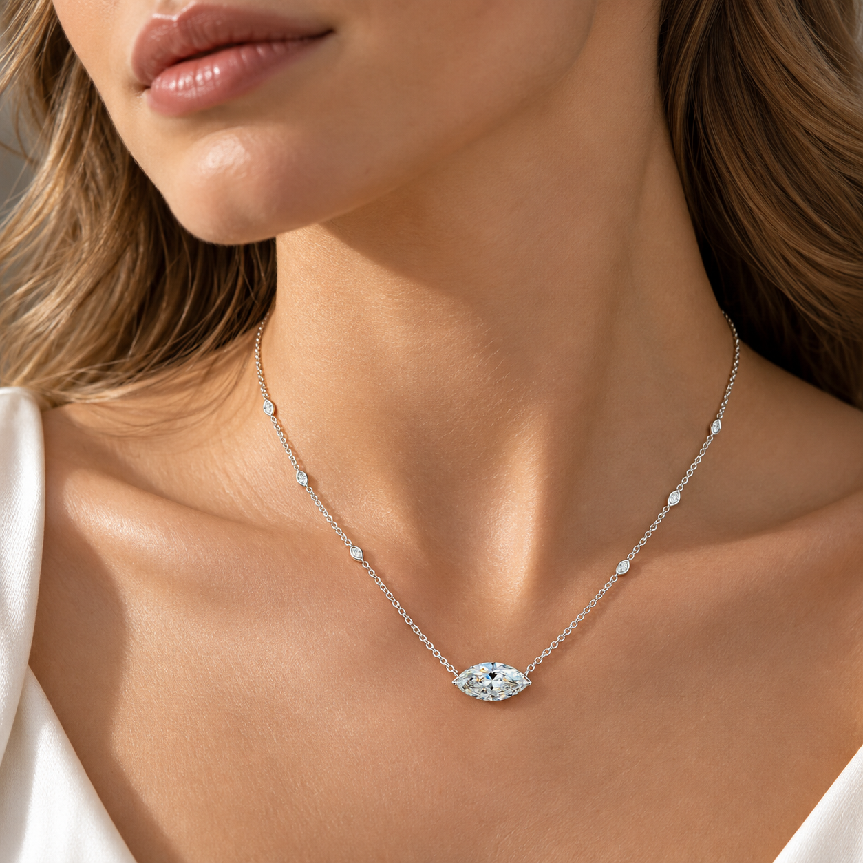 Vira Earth 14K White Gold Marquise Shape Diamond Pendant