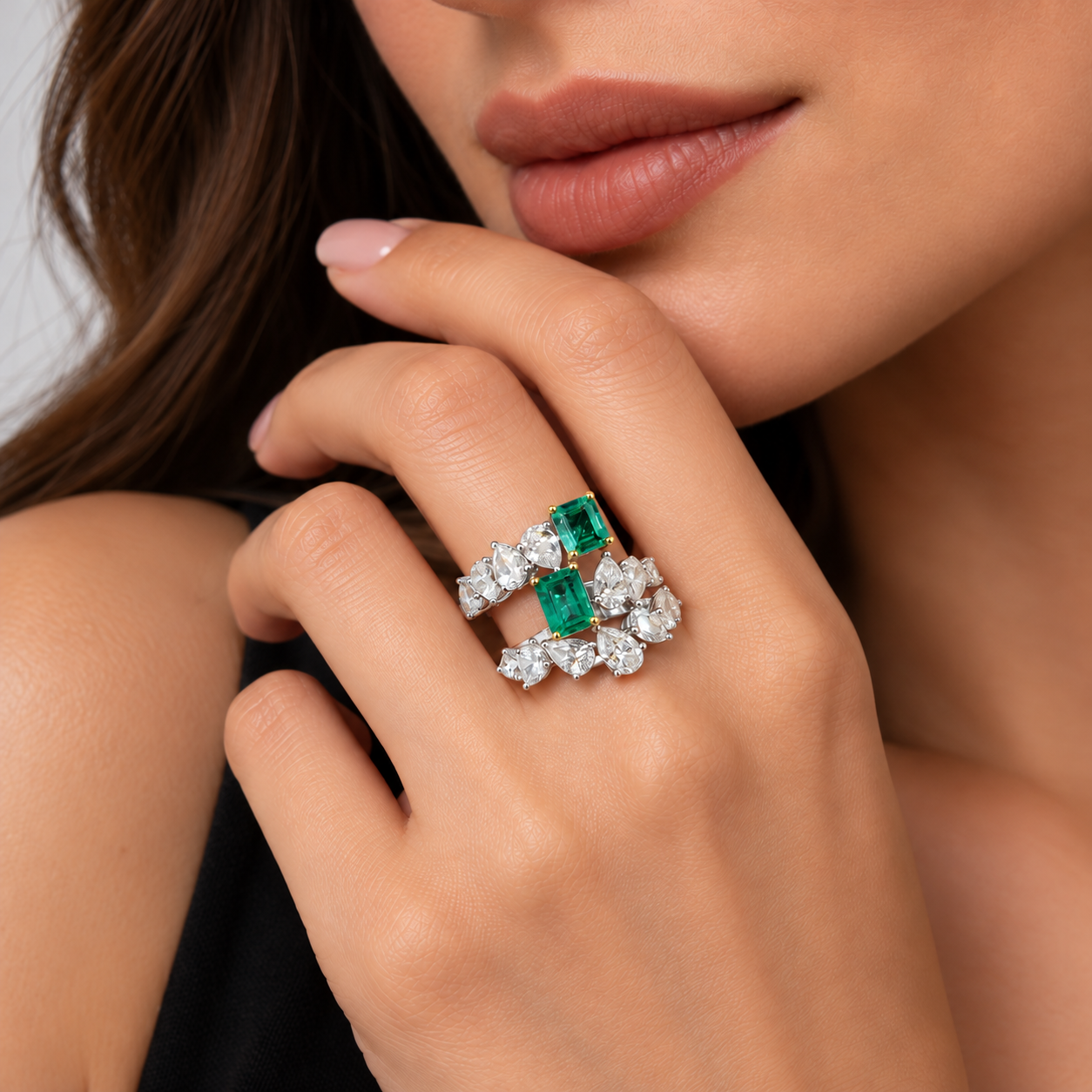 Emerald Gemstone Ring with Pear Diamond Accents